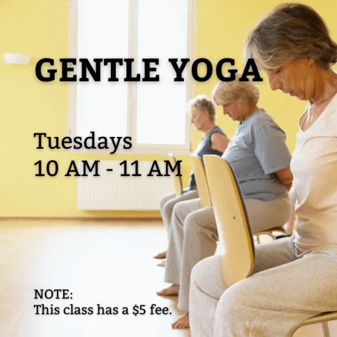 Women practicing gentle yoga. Header reads ‘Gentle Yoga.’ Class meets Tuesdays 10 AM – 11 AM. Note: $5 fee.