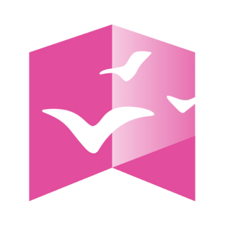 A pink geometric shape with silhouettes of three birds flying across it, the pink color is a tribute to Breast Cancer Awareness Month.