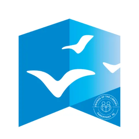 Blue geometric logo with three stylized white birds flying. A circular emblem in the lower right corner reads "Friends of the Library, Parsippany NJ."
