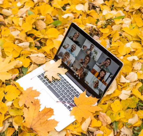 A laptop open to a Zoom meeting partially buried in yellow leaves. 