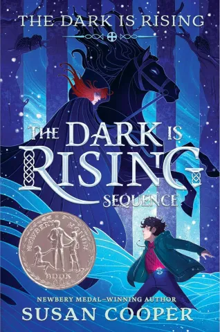 The Dark is Rising Book cover.  A black horse rears menacingly over a small boy in snowy woods. 