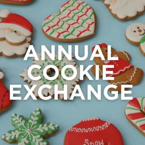 Festive cookies on a blue background, including Santa, gingerbread, and snowmen designs. Text reads "Annual Cookie Exchange" in bold white letters.