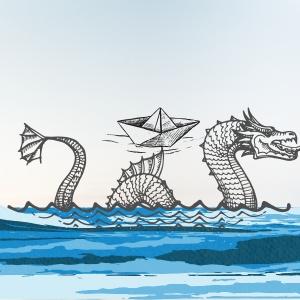 Sea Serpent and Origami Boat on the Sea