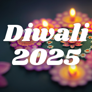 Colorful Diwali candles and rangoli design with bold white text reading 'Diwali 2025'.