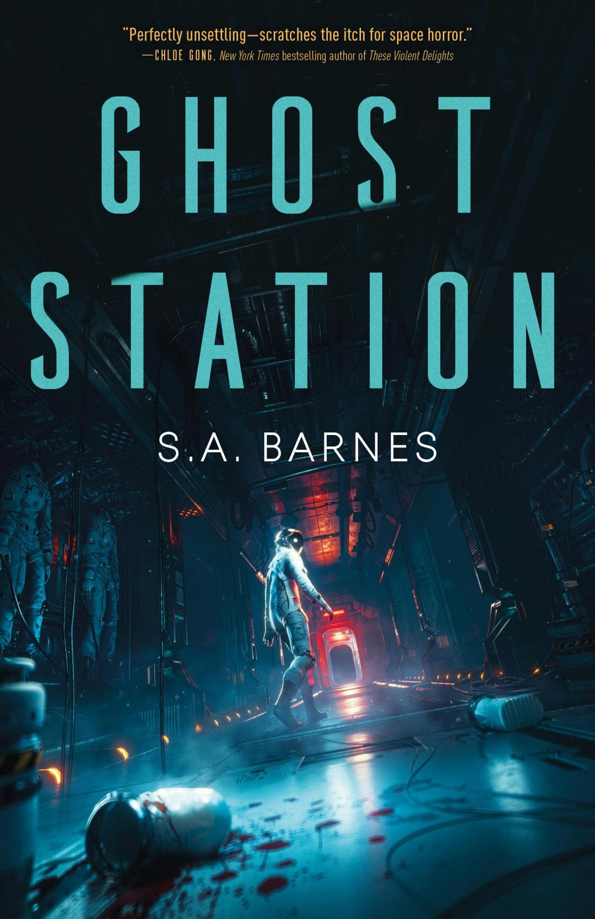 Cover of Ghost Station.  An astronaut walks down an eerie spaceship hallway.  